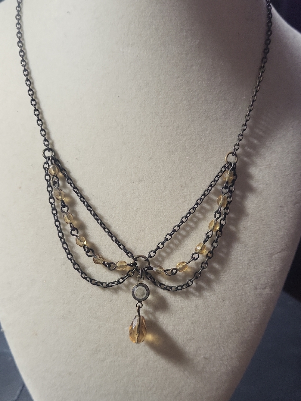 Delicate Dark Brown Chain Necklace with Citrine-Colored Drops